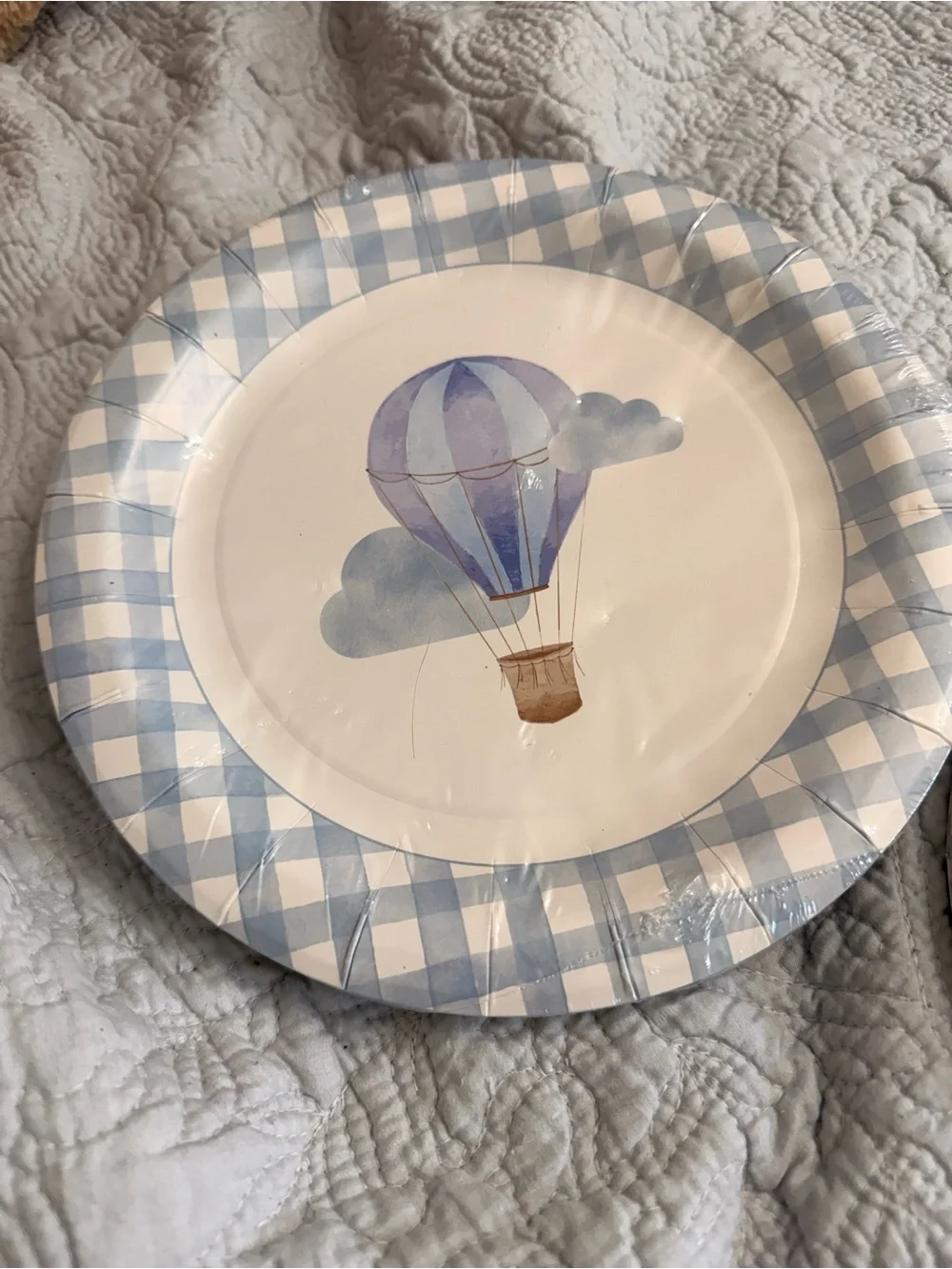 Blue gingham hot air balloon plates and napkins and it’s a boy napkins